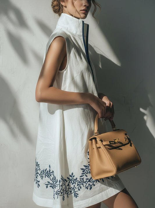 Ivory Linen Sleeveless Embroidered Zip Mini Dress