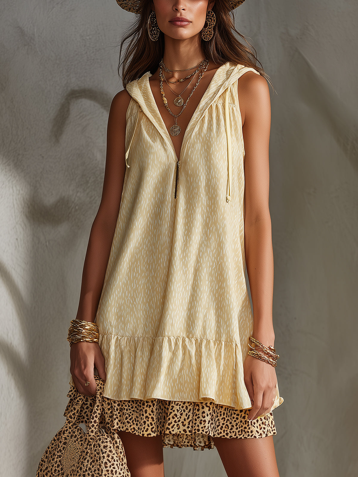 Yellow Sleeveless Ruffle Mini Dress With Hooded Detail