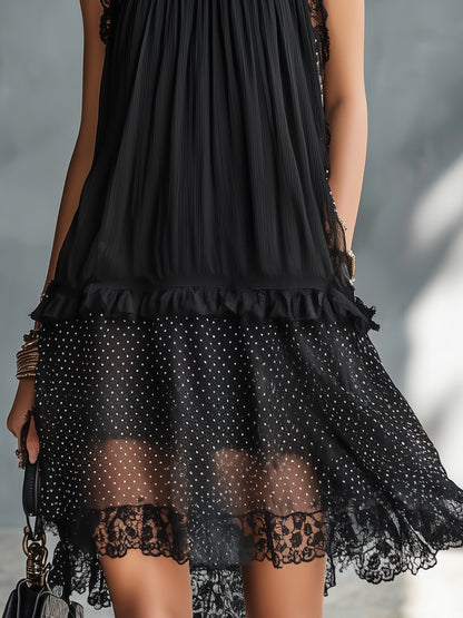 Black Lace Trim Pleated Mini Dress With Sheer Polka Dot Hem