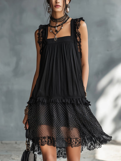 Black Lace Trim Pleated Mini Dress With Sheer Polka Dot Hem