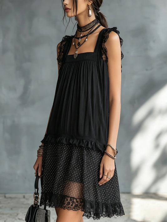 Black Lace Trim Pleated Mini Dress With Sheer Polka Dot Hem