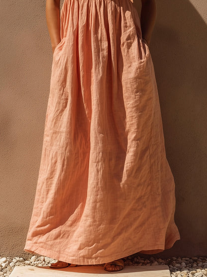 Pink Linen Maxi Dress With Ruched Bust And Bow Tie Straps