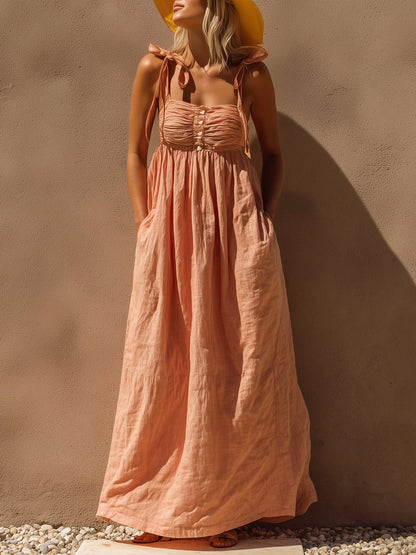 Pink Linen Maxi Dress With Ruched Bust And Bow Tie Straps