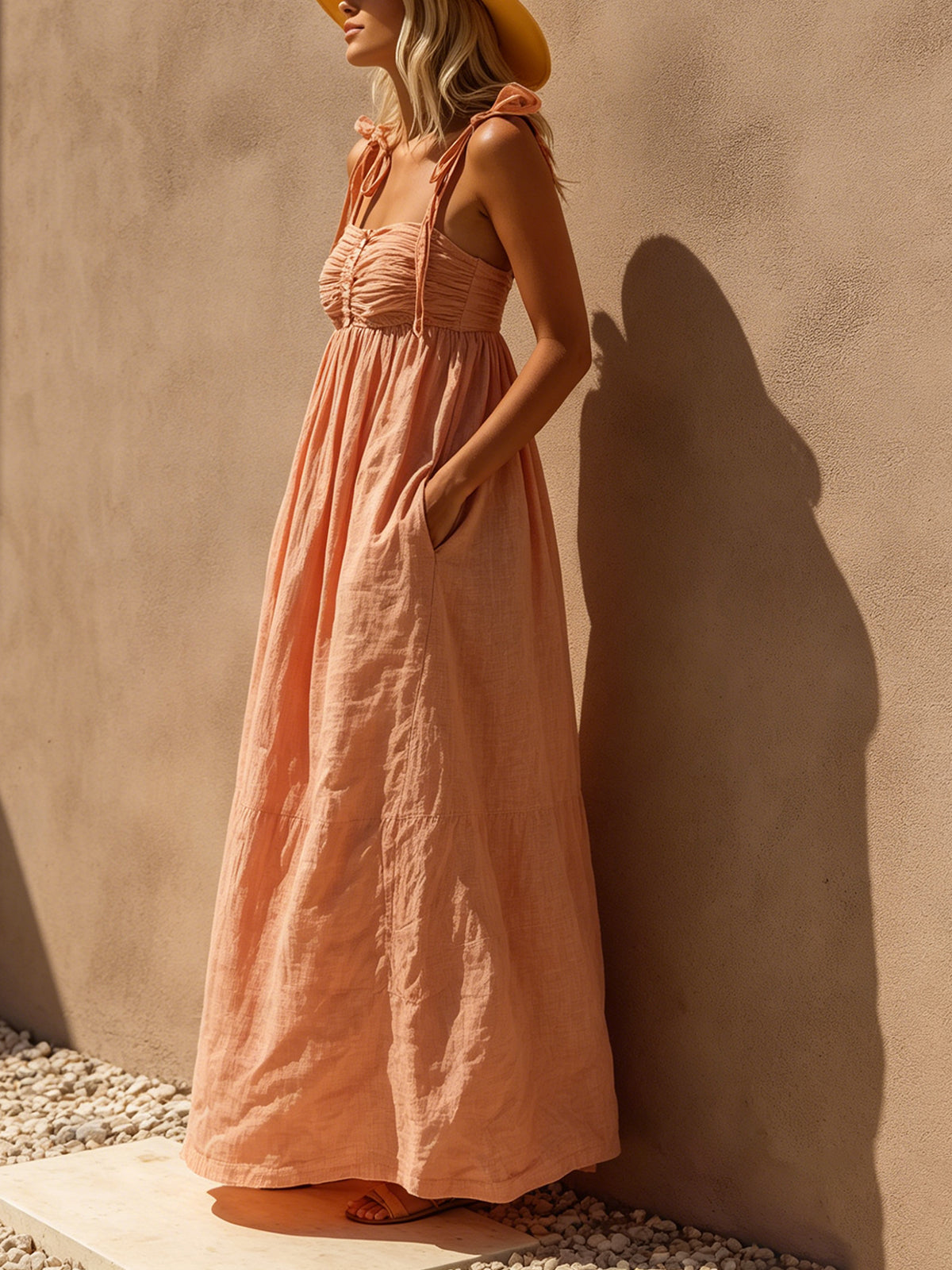 Pink Linen Maxi Dress With Ruched Bust And Bow Tie Straps