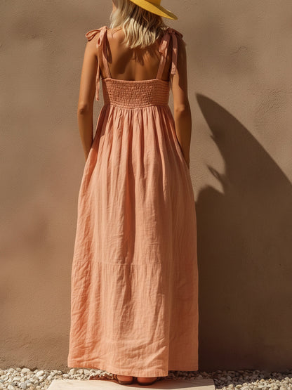Pink Linen Maxi Dress With Ruched Bust And Bow Tie Straps