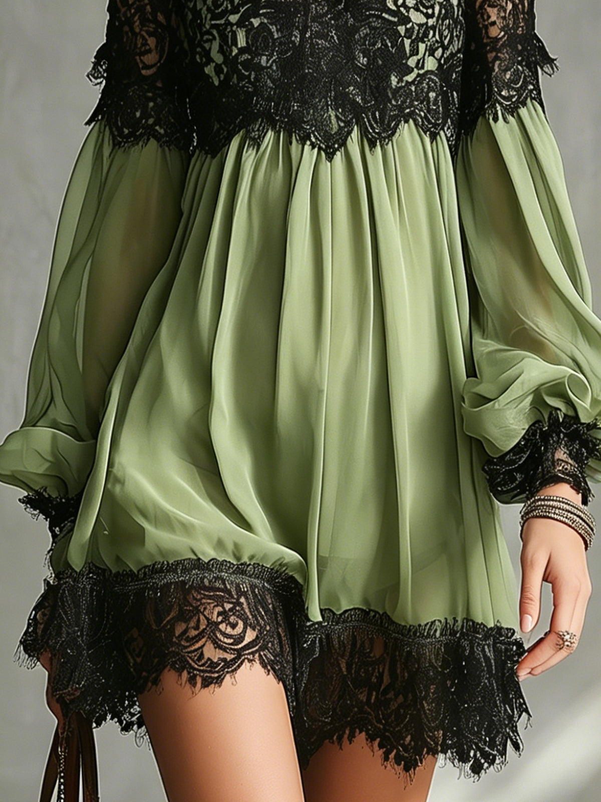 Green Off-Shoulder Chiffon Mini Dress With Black Lace Trim