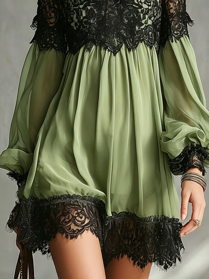 Green Off-Shoulder Chiffon Mini Dress With Black Lace Trim