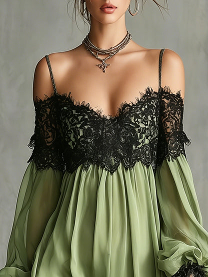 Green Off-Shoulder Chiffon Mini Dress With Black Lace Trim