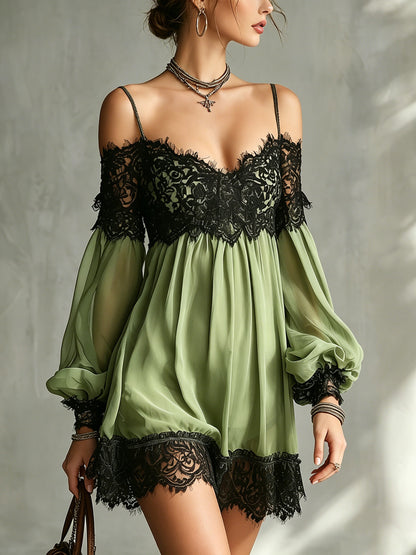 Green Off-Shoulder Chiffon Mini Dress With Black Lace Trim