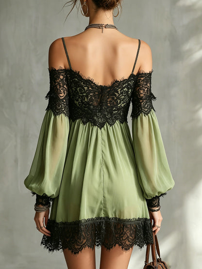 Green Off-Shoulder Chiffon Mini Dress With Black Lace Trim