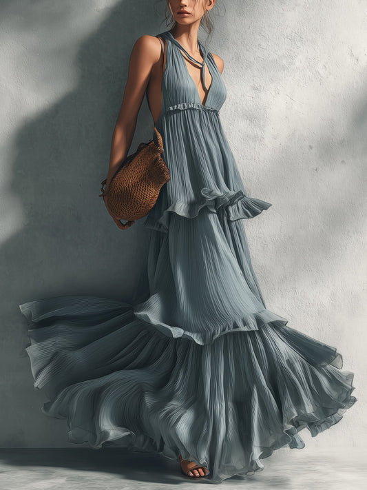 Blue  Sleeveless Pleated Chiffon Maxi Dress