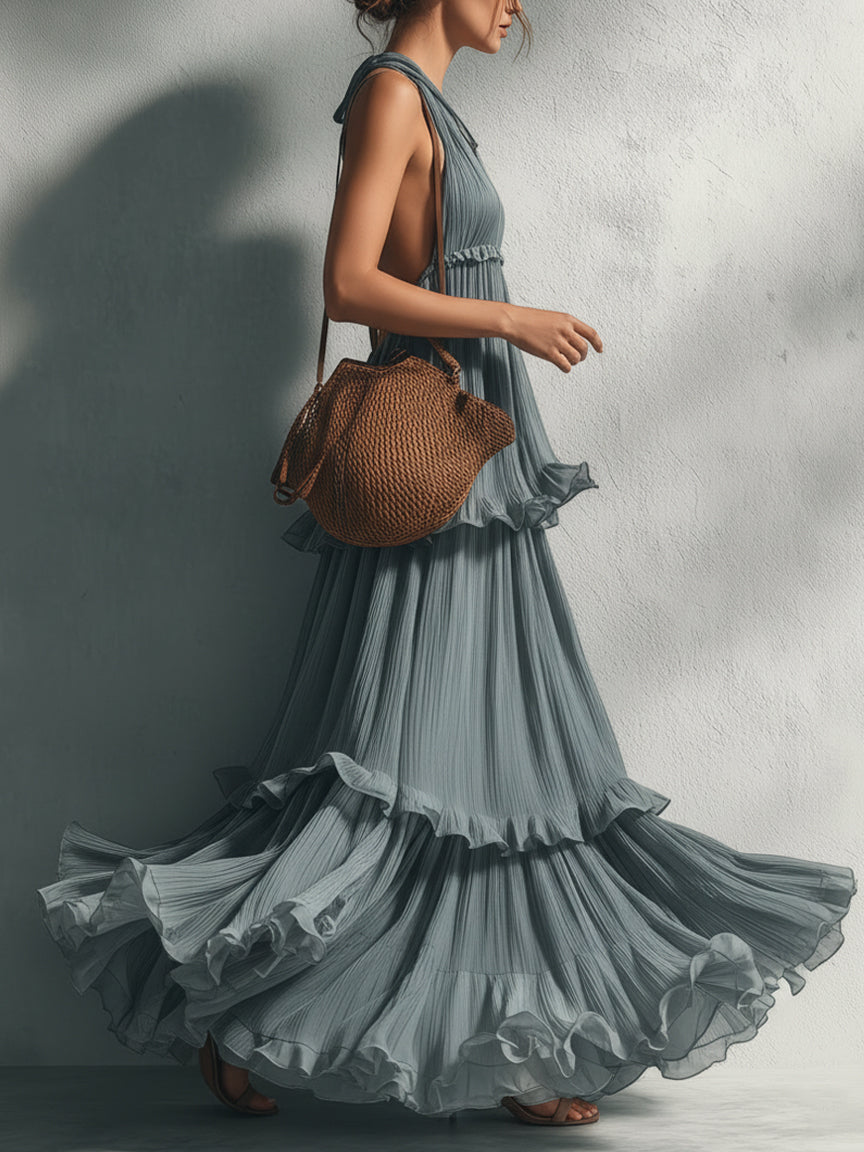 Blue  Sleeveless Pleated Chiffon Maxi Dress