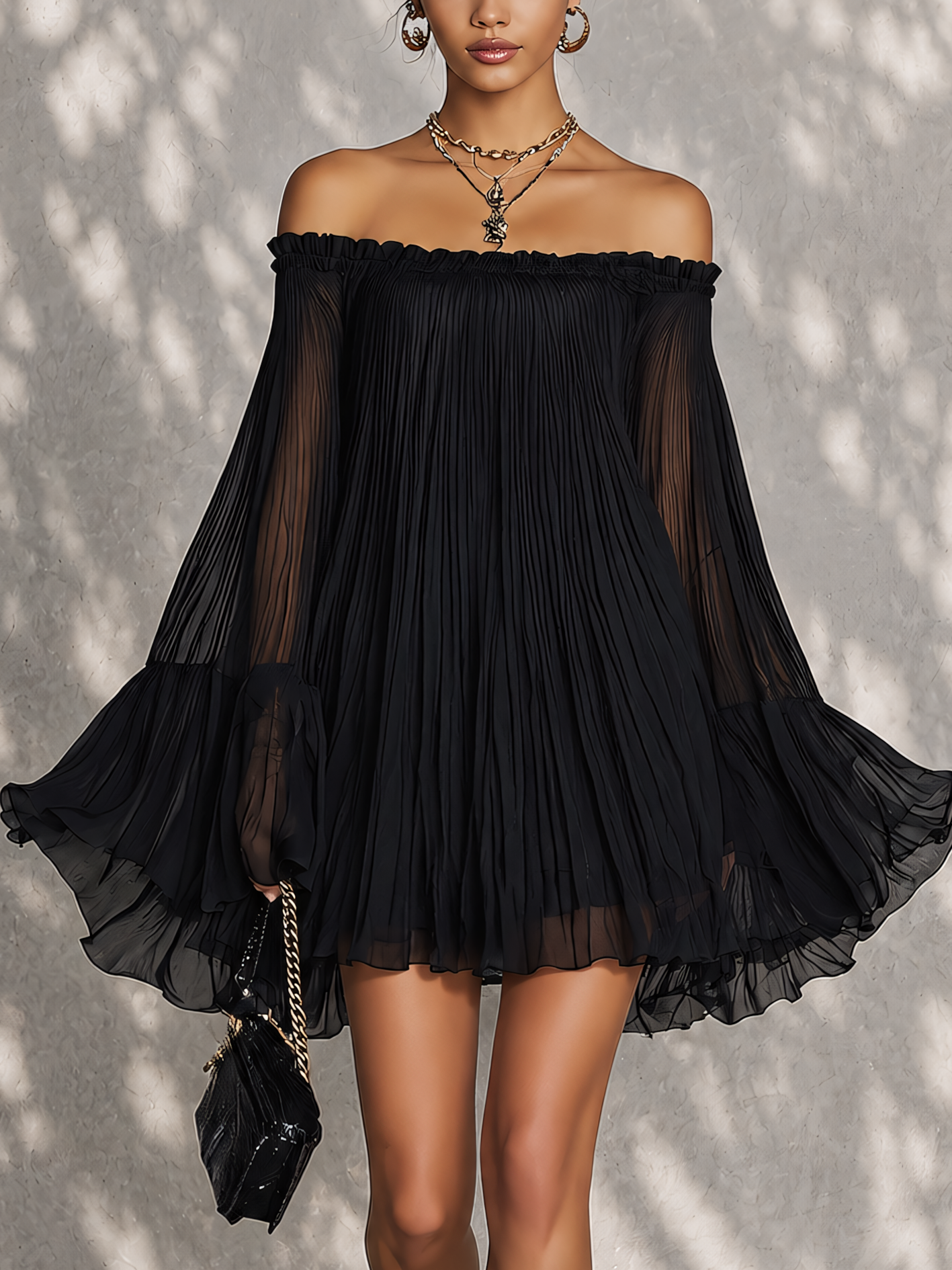 Black Off Shoulder Pleated Mini Dress