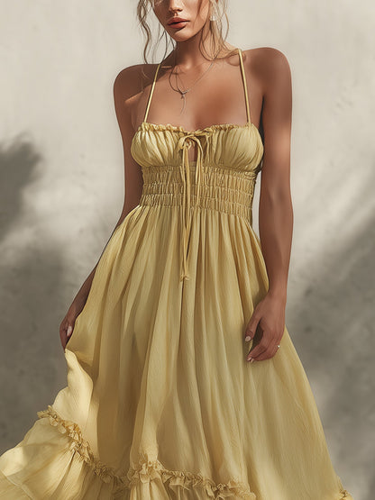 Yellow Pleated Chiffon Maxi Dress