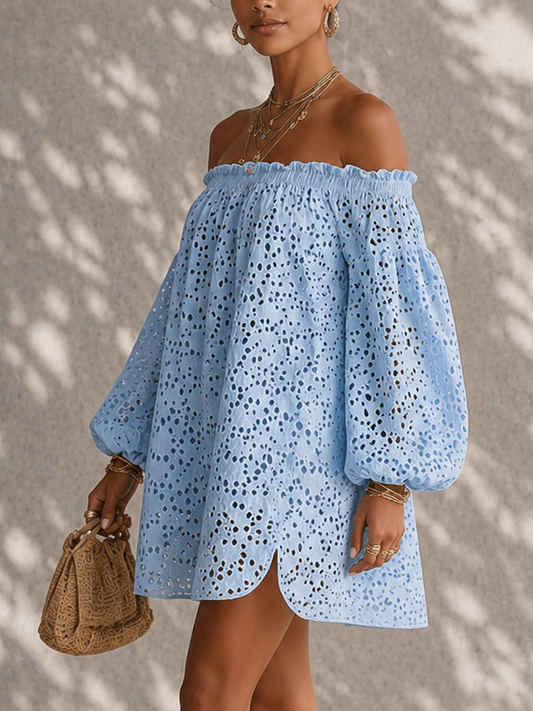 Sky Blue Hollow Out Off Shoulder Mini Dress