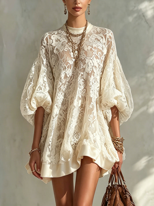 Ivory Lace Balloon Sleeve Mini Dress With Satin Trim