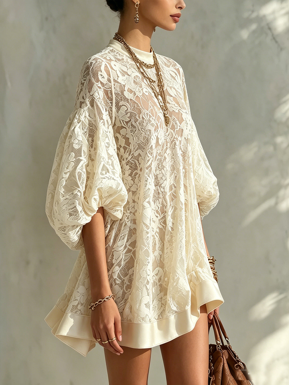 Ivory Lace Balloon Sleeve Mini Dress With Satin Trim