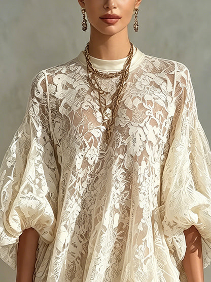 Ivory Lace Balloon Sleeve Mini Dress With Satin Trim
