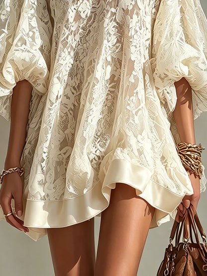 Ivory Lace Balloon Sleeve Mini Dress With Satin Trim