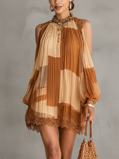 Brown Patchwork Pleated Chiffon Mini Dress With Lace Hem