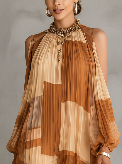 Brown Patchwork Pleated Chiffon Mini Dress With Lace Hem