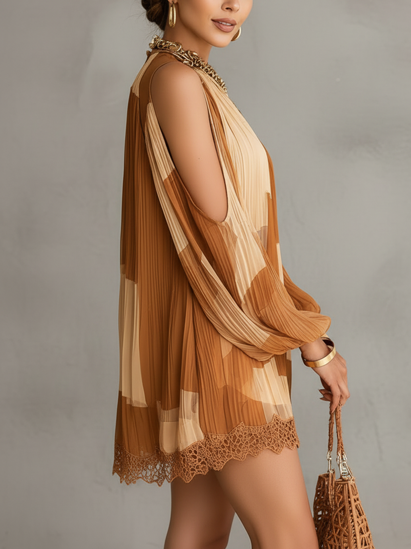 Brown Patchwork Pleated Chiffon Mini Dress With Lace Hem
