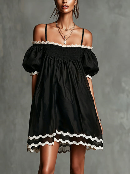 Black Off-Shoulder Puff Sleeve Mini Dress With Contrasting Trim
