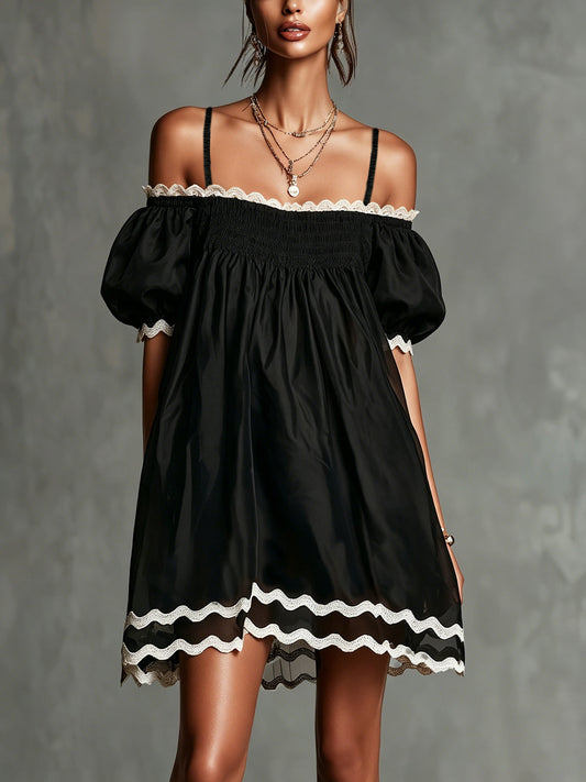 Black Off-Shoulder Puff Sleeve Mini Dress With Contrasting Trim
