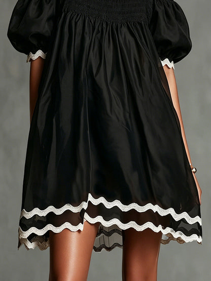 Black Off-Shoulder Puff Sleeve Mini Dress With Contrasting Trim