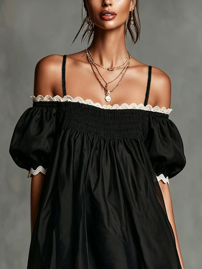 Black Off-Shoulder Puff Sleeve Mini Dress With Contrasting Trim