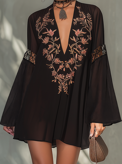 Black Vintage Embroidered Lace Chiffon Mini Dress