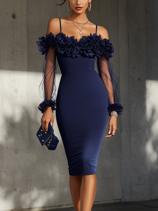 Navy Off-Shoulder Bodycon Midi Dress With 3D Floral Detail