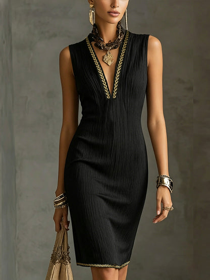 Black Sleeveless Deep V-Neck Bodycon Dress With Gold Leaf Trim