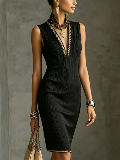 Black Sleeveless Deep V-Neck Bodycon Dress With Gold Leaf Trim