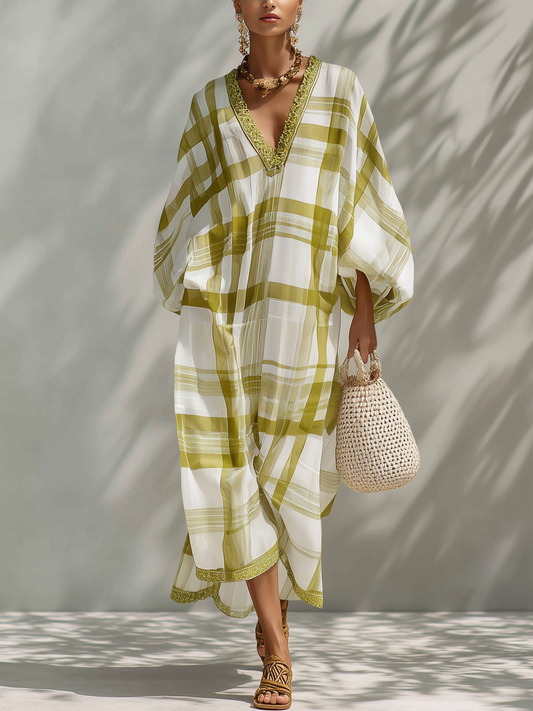 Green Plaid Chiffon Maxi Dress With Ribbon Trim