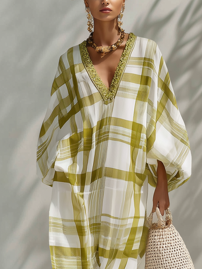 Green Plaid Chiffon Maxi Dress With Ribbon Trim