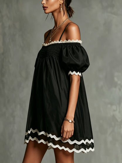 Black Off-Shoulder Puff Sleeve Mini Dress With Contrasting Trim