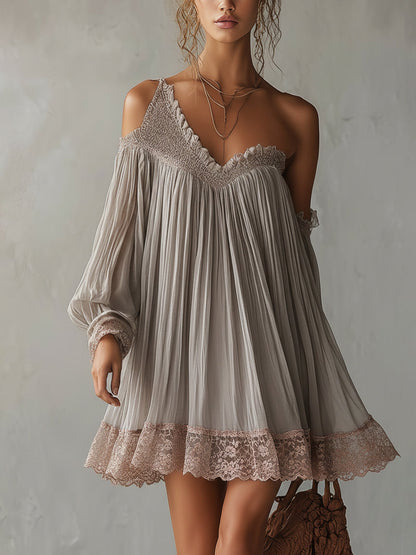 Gray Asymmetric Ruched Chiffon Mini Dress