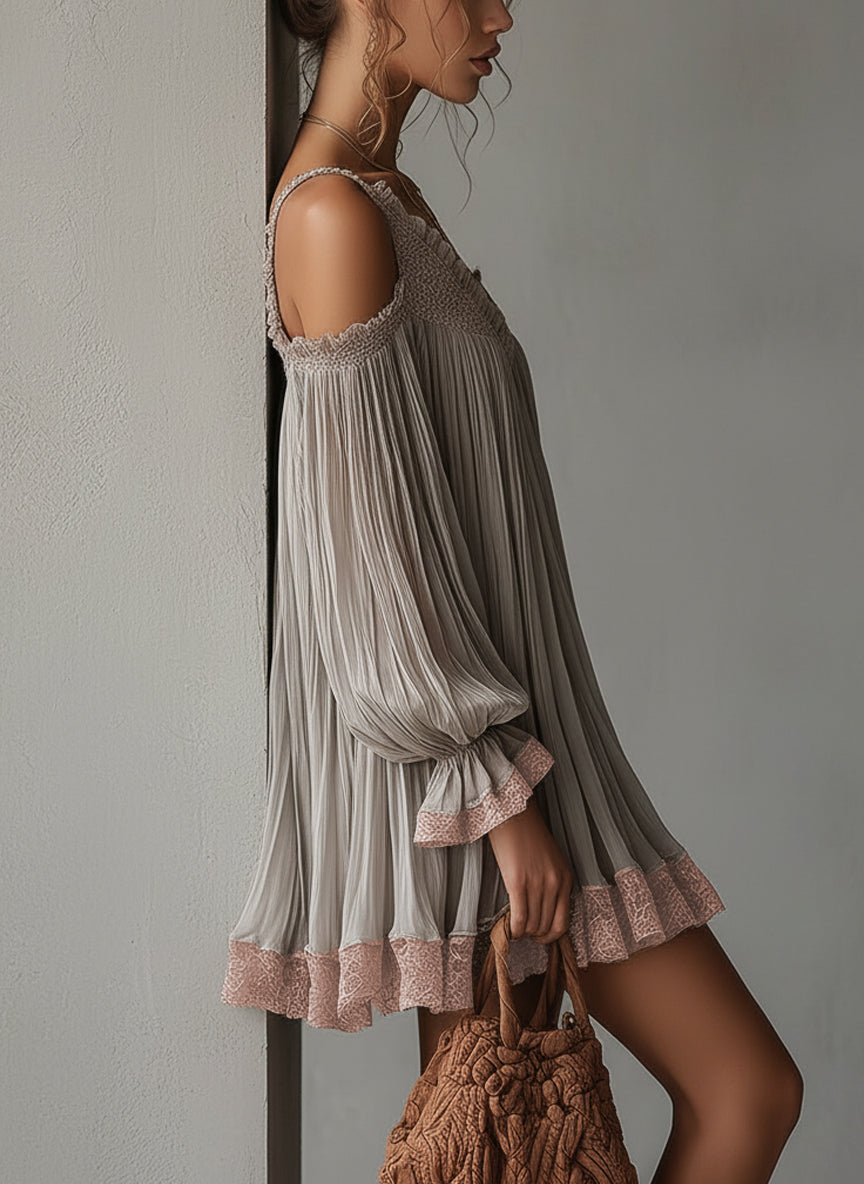 Gray Asymmetric Ruched Chiffon Mini Dress