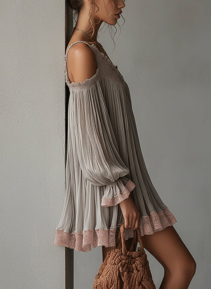 Gray Asymmetric Ruched Chiffon Mini Dress