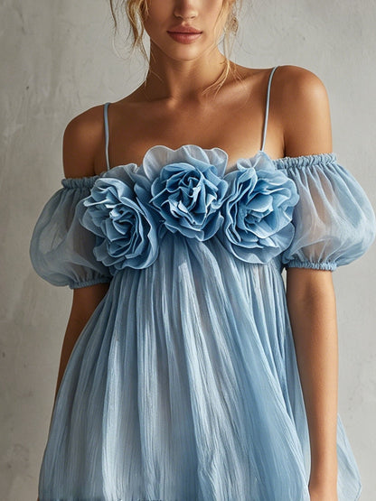 Blue Chiffon Off Shoulder Floral Mini Dress
