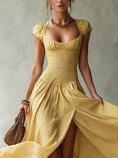 Yellow Ruched Jacquard Chiffon Maxi Dress with Slit