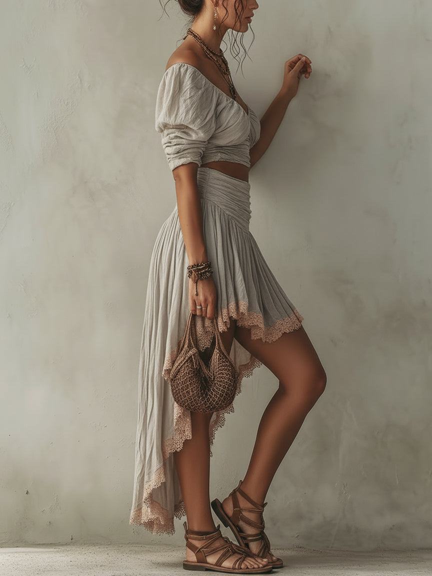 Gray V-Neck Midi Top And Skirt Set