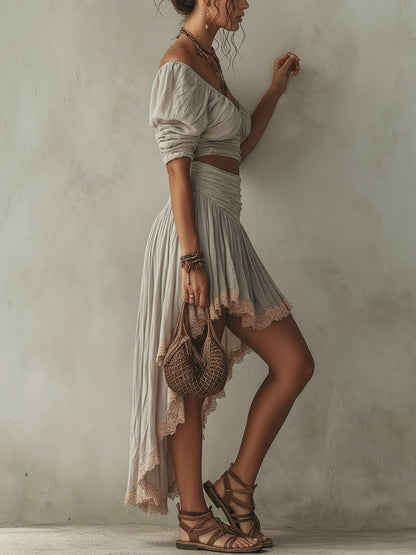 Gray V-Neck Midi Top And Skirt Set
