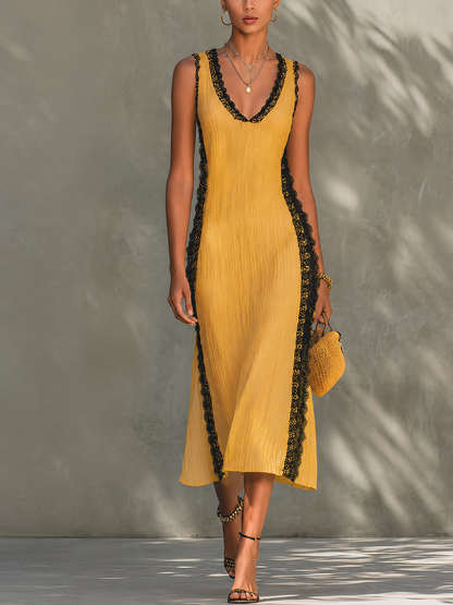 Yellow Textured Sleeveless Midi Dress With Black Lace Trim