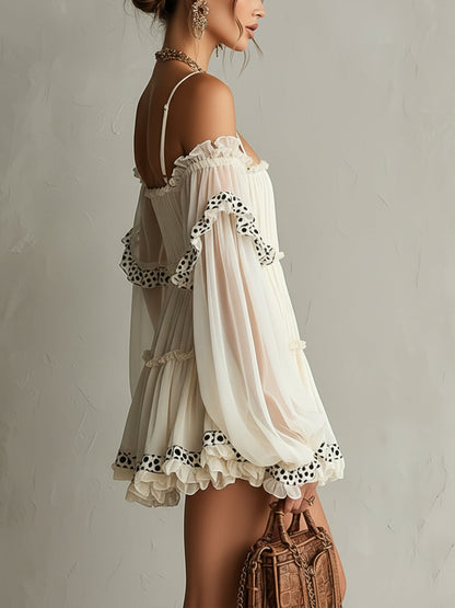 Ivory Off-Shoulder Chiffon Mini Dress With Polka Dot Lace Trim