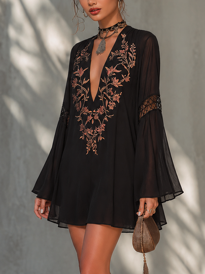 Black Vintage Embroidered Lace Chiffon Mini Dress