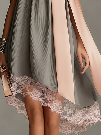 Gray Pleated Halter Mini Dress With Detachable Satin Bow And Lace Hem