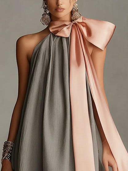 Gray Pleated Halter Mini Dress With Detachable Satin Bow And Lace Hem