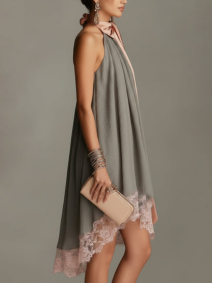 Gray Pleated Halter Mini Dress With Detachable Satin Bow And Lace Hem